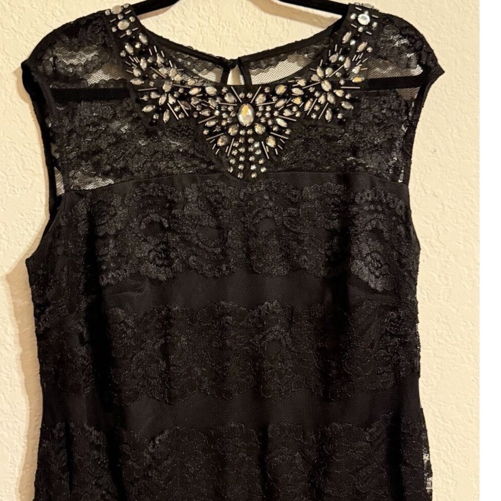 Black Sleeveless Lace Dress With Rhinestone Embellished Neckline